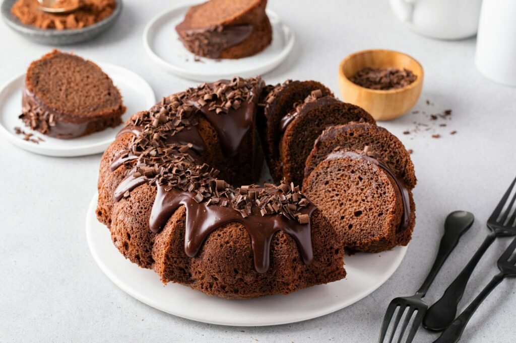 Chocolate bundt cake with chocolate ganache icing