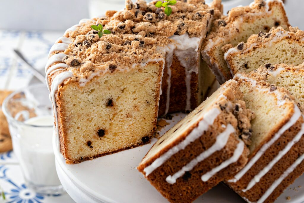 Chocolate chip cookie pound cake made in a tube pan