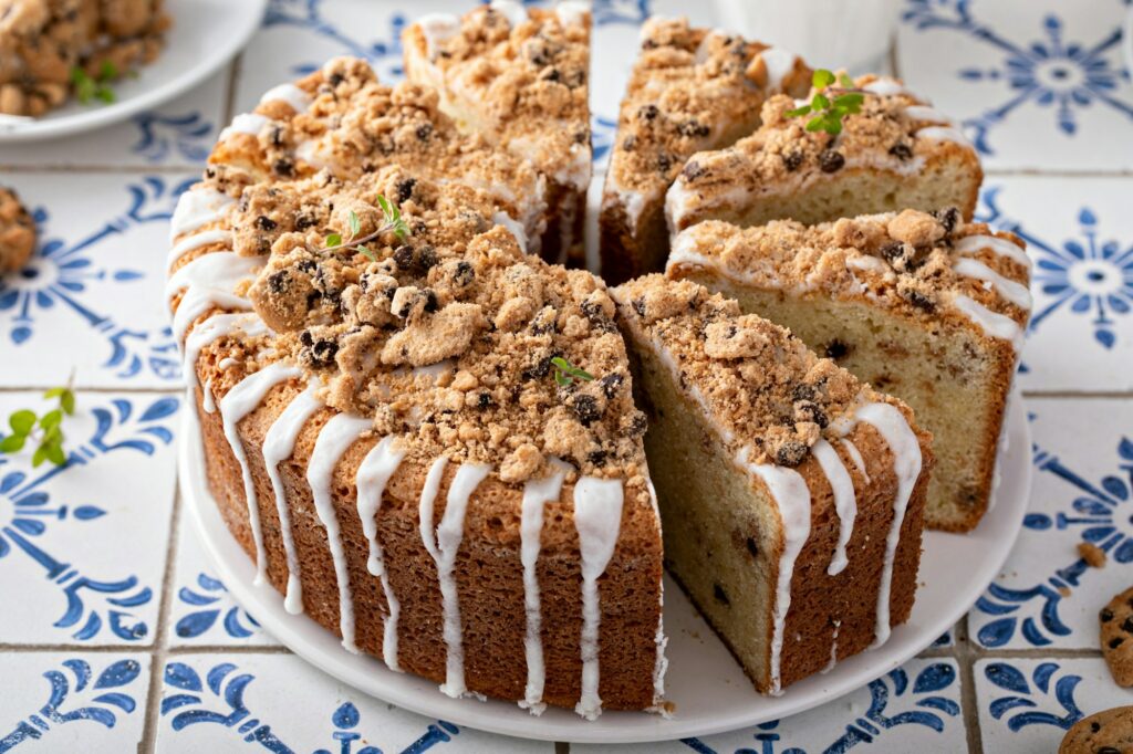 Chocolate chip cookie pound cake made in a tube pan