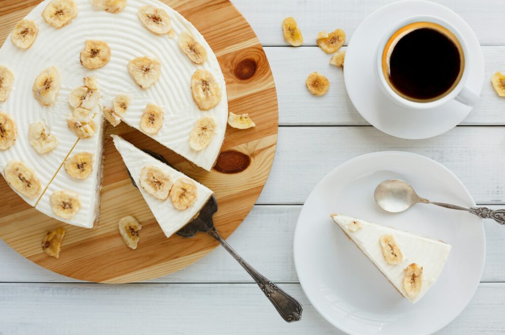 Delicious banana cake on table