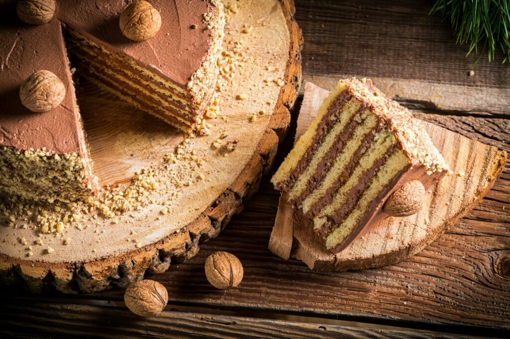 Piece of Chocolate cake on wood